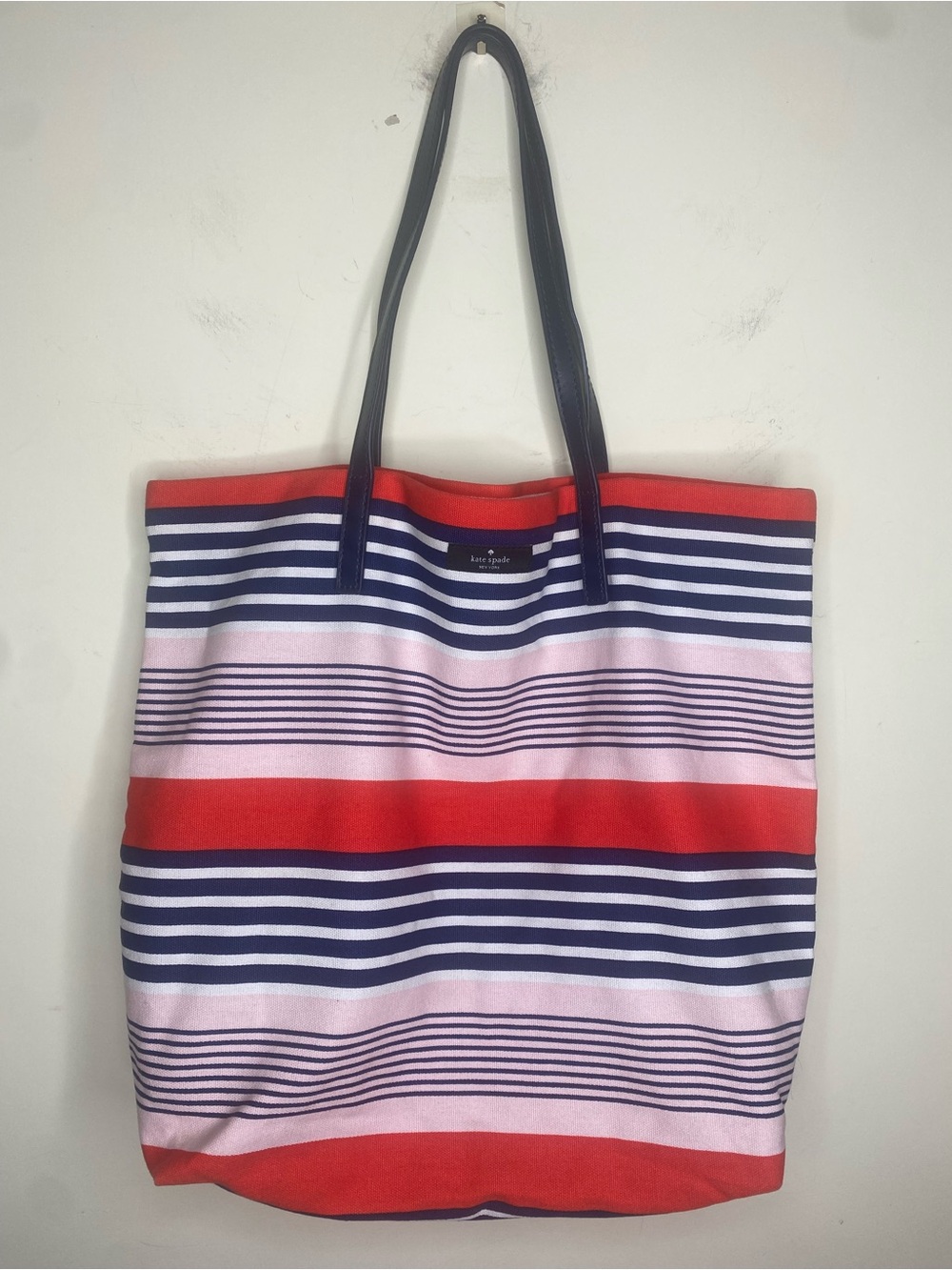 kate spade Bon Shopper Red, Navy & Pink Striped Canvas Tote with Navy Blue Strap